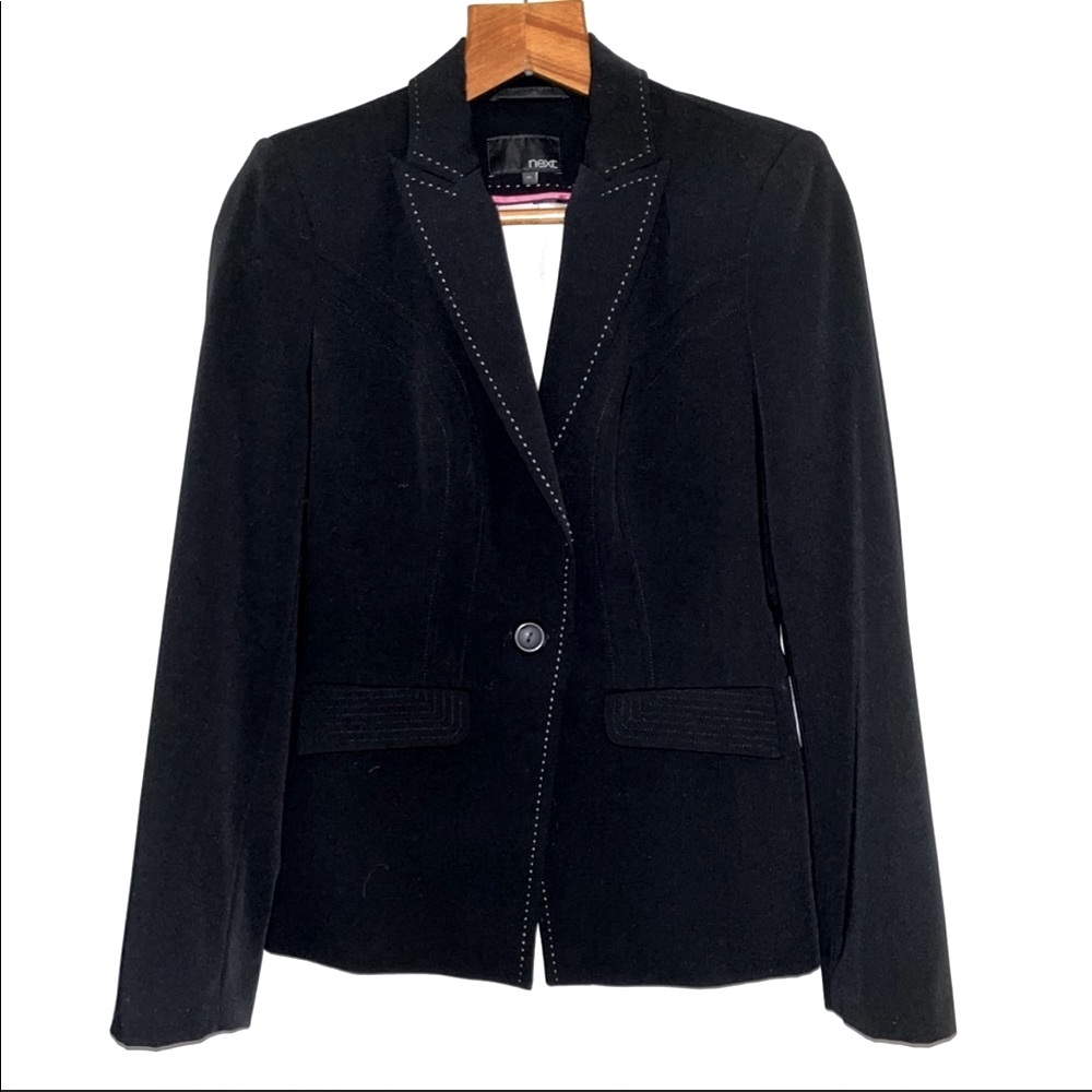 next, blazer, black with white stitching, button sleeve, lined size UK 8R.